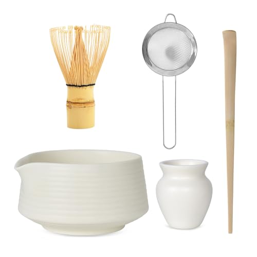 Kit Matcha Premium,Tazón de Cerámica con Pico Vertedor,Batidor de Bambú,Cuchara Matcha y Soporte - Juego de 5 Piezas para Ceremonia del Té Japonés - Accesorios para Amantes del Mat (B)