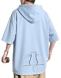 [ｂｌｕｅｆｅｅｌ] 夏服 メンズ パーカー 半袖 tシャツ おしゃれ 柔らかい肌触り フード付き 無地 カジュアル ゆったり 吸汗速乾 ネコ 柄 大きいサイズ ドロップショルダー ビッグシルエット お出掛け Light Blue-XL