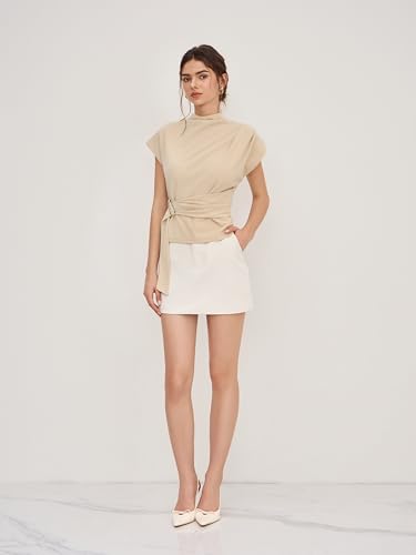 CIDER Women Tops Blouses Stand Neck Belted Short Sleeve Business T-Shirts2