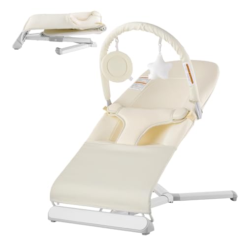 Image of VEVOR Baby Bouncer, Folding Bouncer Seat for Babies 0-9 Months, Baby Bouncer with 2 Reclining Angles & Rotatable Toy Bar, Portable Baby Bouncer Seat with Carrying Bag for Indoors Outdoors, Beige