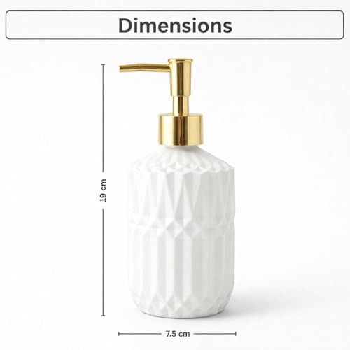 Image of Luxe Home International Geometric Texture Pattern Glass Soap Dispenser for Bathroom and Kitchen Sink Leak Proof Liquid Hand Wash Round Bottle Lightweight Smooth Finish (19x7.5 cm White) Pack of 1