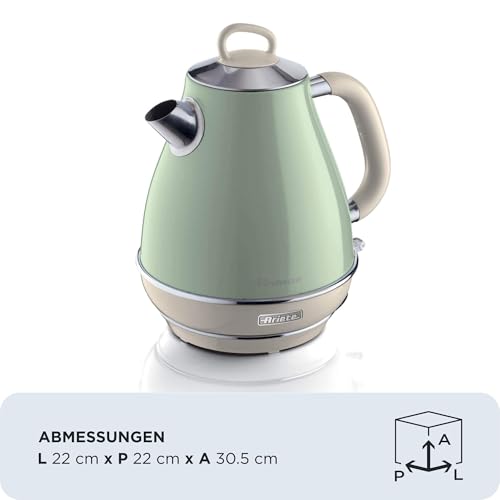 Foto von Ariete Vintage Wasserkocher 2869, Retro Elektrischer Wasserkocher mit Sichtbarem Wasserstand, Kabellosem 360°-Sockel, Abschaltautomatik, Teesieb, Fassungsvermögen 1,7 l, Edelstahl, 2000 W, Grün