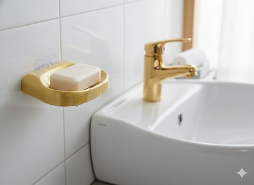 Image of CIPLA PLAST Self Adhasive Wall Mounted Soap Dish Holder, Golden Coloue, Plastic, Drainage Design, Adhesive Mount, Bathroom Organizer, Pack of 2