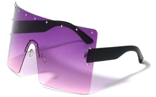 Dweebzilla XXL Huge Oversized Rimless One Piece Shield Lens Wrap Around Flat Top Studded Sunglasses