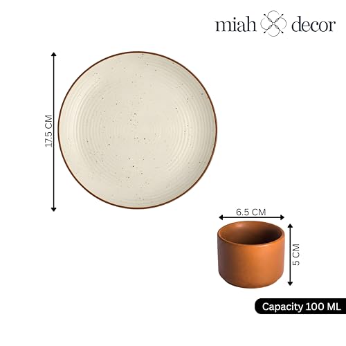 Image of miah decor Quarter Plates Set of 6, Ceramic Stoneware Plates | Cream Snack & Side Plates with Brown Rim | Ribbed Design | Microwave & Dishwasher Safe (MD-702)