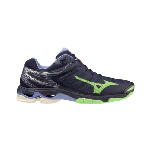 Image of Mizuno Wave Voltage Volleyball Shoes for Men & Woman Ideal for Indoor Games (Badminton, Tennis, Volleyball, Squash, Handball) Volleyball Shoes Show Evening Blue + Techno Green + Iolite