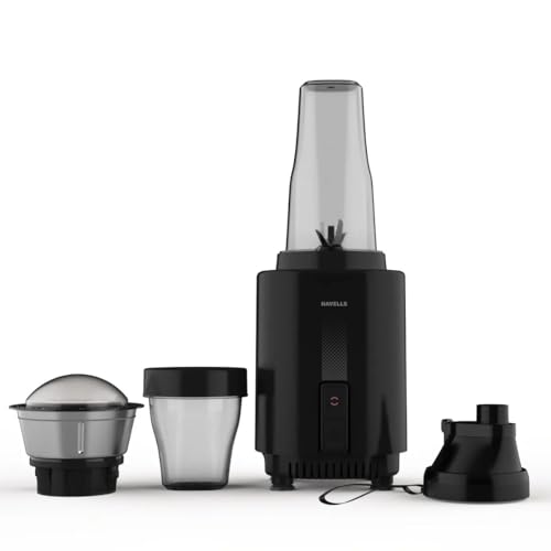 Image of Havells Nutri Insta Blend 350W Mixer Grinder for Kitchen | 3 Jars with Blend, Carry & Store Feature | SS304 Stainless Steel Blades | One Push Operation | 21000 RPM | Black (Nutri Insta Blend Black)