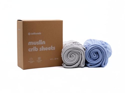 Cottonsis Muslin Crib Sheets –Oeko-TEX® Certified Organic Turkish Cotton Fitted Sheets for Baby Crib, Boys & Girls, Soft & Breathable, 2 Pack Toddler Bed Sheets 52x28, Dreamy Blue & Cloudy Gray
