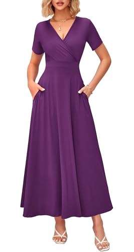 Image of WNEEDU Women's Summer Maxi Dress Short Sleeves Wrap V Neck Long Dresses with Pockets