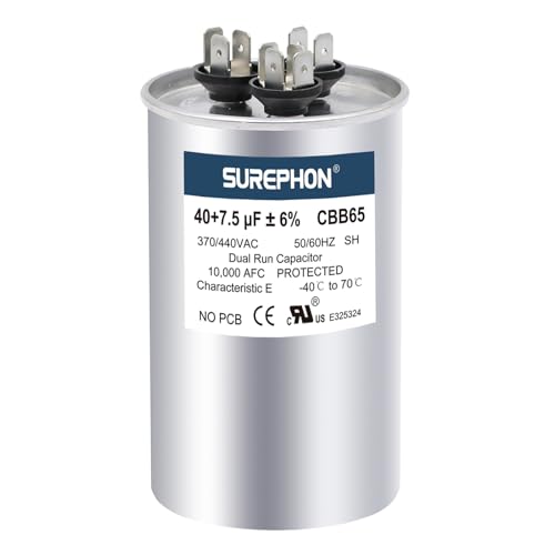 SUREPHON 40+7.5 uF 40/7.5 MFD ±6% 370V/440V Dual Run Circular Capacitor CBB65 Ideal for AC Unit Fan Motor Start or Heat Pump or Condenser Straight Cool