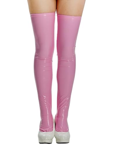 Image of Mobbunny Women PU Leather Thigh Stockings Cosplay Thigh High Stockings Shiny Over Knee Long Boot Sock Pink White
