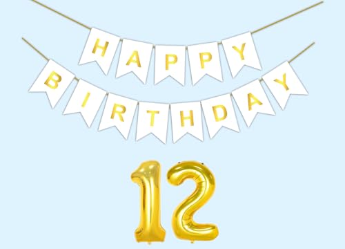 Image of 12th Happy Birthday Decoration Kit White for 12 year Old Boys Girls Teenage with Number Twelve Party Decorations Decor Celebration Items Item Set Combo Reusable Paper Banner