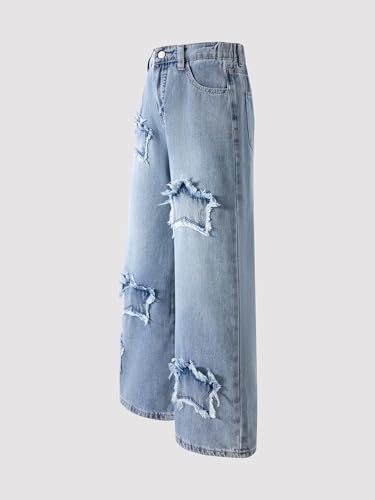 Girls Baggy Jeans Star Pacthes Distressed Wide Leg Denim Pants Trousers for 7-14 Years2