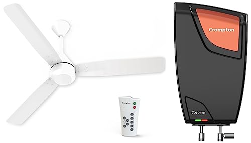 Image of Crompton Gracee 5-L Instant Water Heater (Geyser), Wall Mounting & Crompton Energion Cromair 1200Mm (48 Inch) BLDC Ceiling Fan High Speed 5S 28W Energy Efficient With Remote (Opal White)(Aluminium)