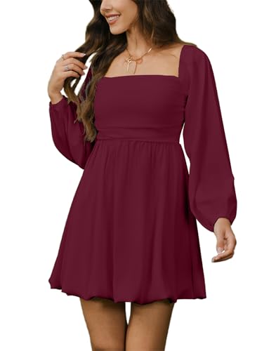 Image of HYPERFIRE Women's Square Neck Long Sleeve Bubble Mini Dress Pleated Smocked A Line Wedding Dresses