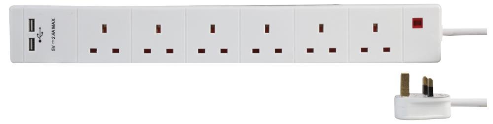 Pel00121 6 Way 2 Usb Extension Lead, 2M, White 2 X Usb 5051259189188
