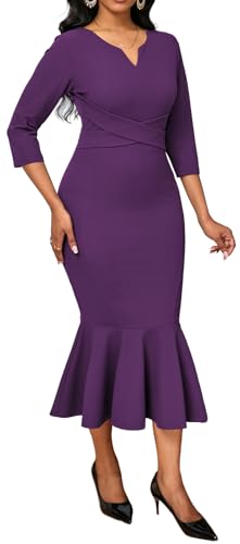 Image of Elegant Dress for Women Sexy V Neck Long Sleeve Bodycon Midi Fishtail Dresses