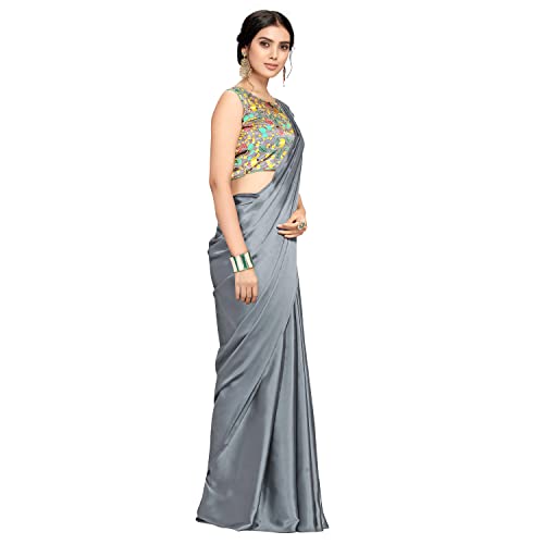 Image of Women Soft Satin Silk Plain Saree With Art Silk Digital Printed Unstiched Blouse Piece.(Heavy Japan Satin Silk Saree of 5.5m saree length + 0.8m blouse piece)