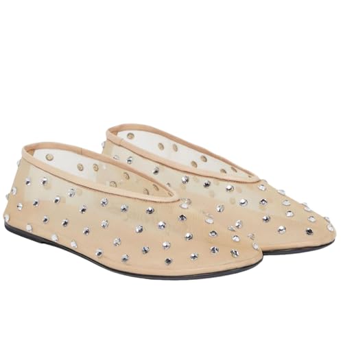 MICIFA Mesh Ballet Flats for Women Crystal Rhinestone Flat Shoes Round Toe Sparkly Ballerina Shoes Low Heel Glitter Casual Wedding Dress Mary Jane Flats Apricot