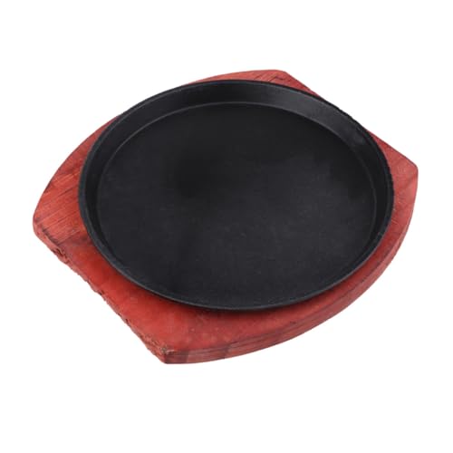 TOYANDONA Cast Iron Grill Plate and Sizzling Steak Pan 21cm Non-Stick Round Cast Iron Skillet with Wooden Fajita Tray for Home BBQ Cooking and Restaurant Use