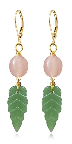 ナチュラルグリーン ドングリング翡翠葉レバーバックドロップイヤリング、14Kゴールド 本物のイレギュラーストーンクリスタルクォーツ宝石ビーズビーズダングルイヤリングジュエリー 女性用, Middle, ステンレス鋼, 宝石なし