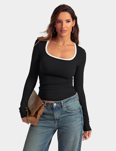 Prettywear Womens Long Sleeve Square Neck Tops Basic Casual Tight Fitted Color Block Shirts Trendy Spring Fall Blouses3