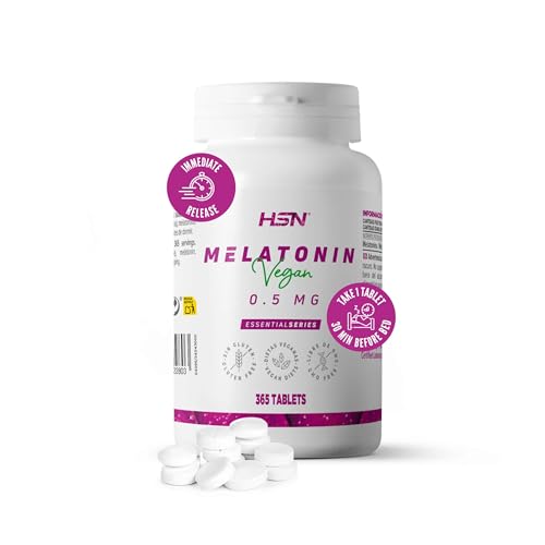 HSN Melatonina 0,5mg | 365 Tabletas de Acción Rápida | La Melatonina contribuye a Aliviar Jet Lag | No-GMO, Vegano, Sin Gluten