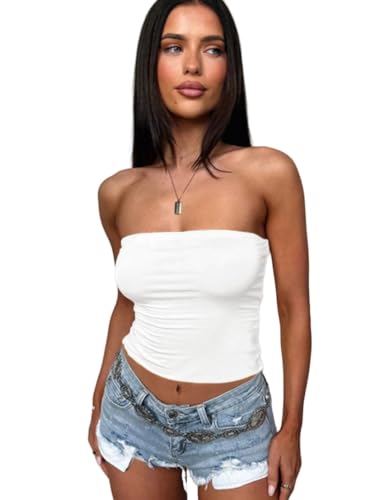 Sukiglam Tubo Top Mujer Sexy Camiseta Sin Mangas Slim Fit Crop Tops Verano Corto Camisetas Sin Tirantes Básico Elástico Tank Top Bandeau Causal Shirt Sin Espalda Going out Y2K Aesthetic Clothes