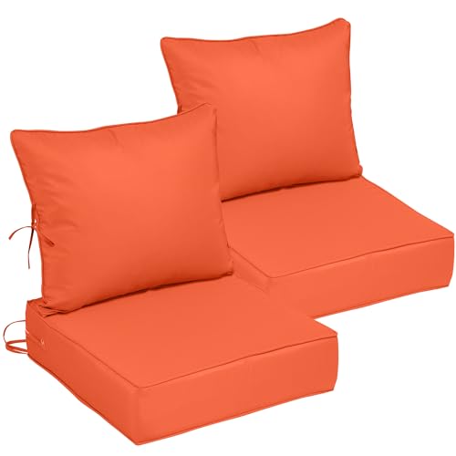 Image of 22x24 Outdoor Chair Cushions Set of 2, Waterproof Deep Seat Cushions for Patio Furniture with Removable Cover, Fade Resistant 4'' Outdoor Seat Cushion w /Ties&Handle for Sofa Loveseat, Orange