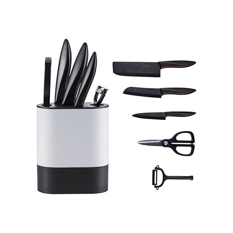 Kitchen Knife Set (6 Pieces), Ceramic Essential Knife Set with Block, Rust-Resistant Blade with Ergonomic Handle, Housewarming Gift, Black/White Cover