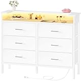 BOLUO White Dresser with LED Light and Charging Station for Bedroom 6 Drawer Dresser with USB Outlet, Dressers & Chests of Drawers Fabric Dresser for Closet Modern