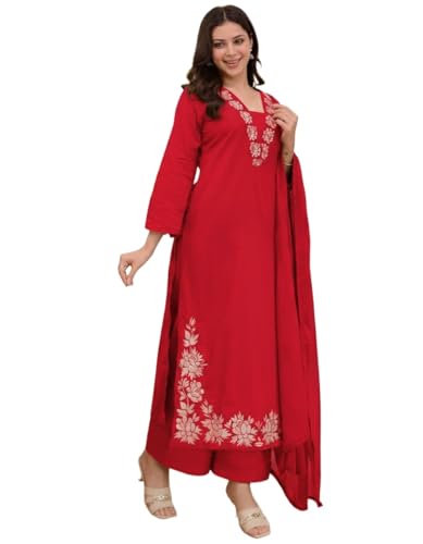 Image of ANNI Designer Pure Cotton Embroidered Kurta Set for Women | Rust Orange Kurta with Pants & Dupatta | Floral Neck & Hem Embroidery | Cotton Kurta Set for Women | 10 Colour Options Available
