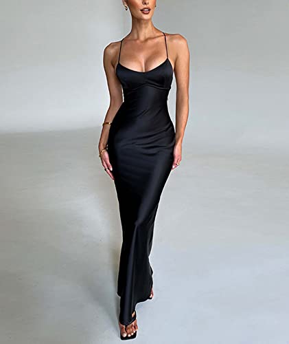 xxxiticat Women's Slip Maxi Dress Sleeveless Open Back Backless Lace Up Bandage Criss Cross Mermaid Satin Party Dress3