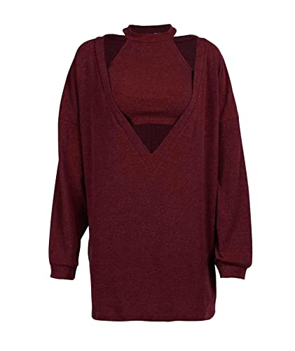Image of ECDAHICC Women's Two Piece Outfits Knitted Halter Neck Crop Tank Tops and Oversized Off Shoulder Deep V Neck Pullover Sweater