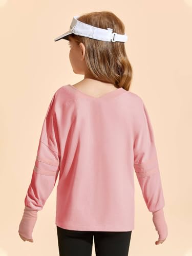 Image of Haloumoning Girls Sweatshirt Casual Long Sleeve V Neck Cute Tops Kids Oversized Tshirts with Thumbholes 4-14Y Pink, 5-6 Years