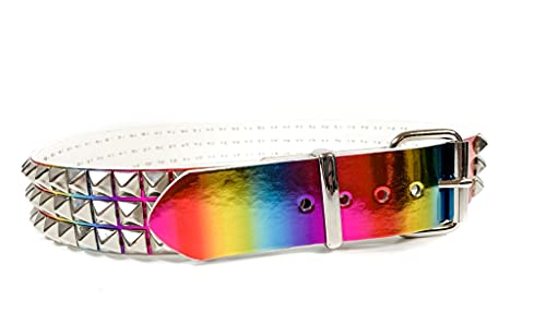 Rainbow Holographic Three Row Black Pyramid Stud Rave Studded Belt Vegan Punk Goth2