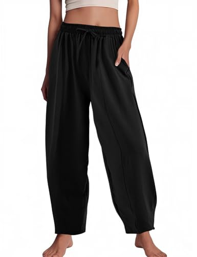 Flygo Women's Wide Leg Baggy Pants Casual Elastic High Waisted Palazzo Harem Slacks Ankle Length Loose Trousers with Pockets(Black-M)