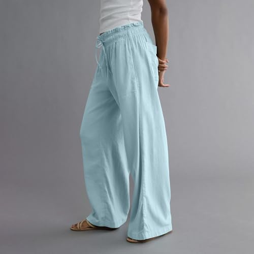 Summer Linen Pants for Women 2025 Work Loose Tie High Elastic Waist Trousers with Pocket Pleated Casual Soft Beach Pants3