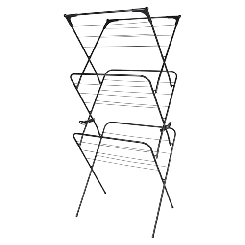 Straame 3 Tier Clothes Airer Drying Indoor and Outdoor Laundry Rack with Non-Slip Feet and Corner Spaces for Hangers Flat Foldable Space Saving 63 x 46 138 (Black)