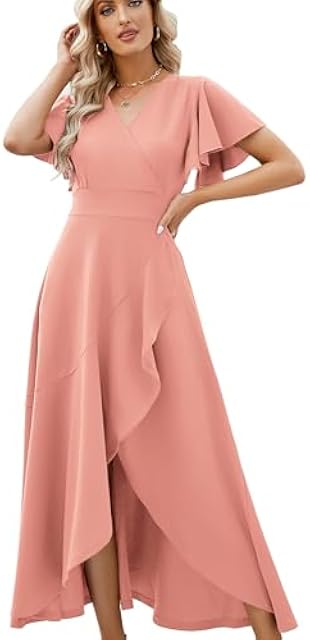 Long Black Formal Dresses for Women Gowns Evening Party Cocktail Dress,Split Elegant V Neck Wrap Ruffle Wedding Guest Dr