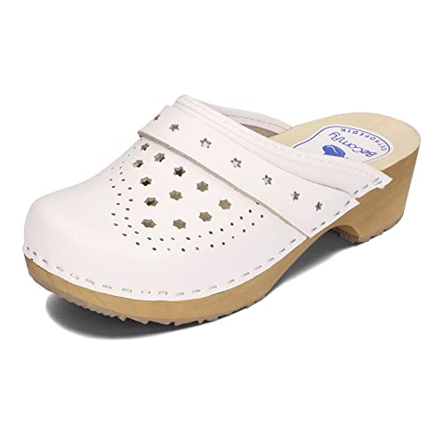 BeComfy Damskie skórzane chodaki kryte drewniaki klapki drewniane mule 35-41 EU (Biały, numeric_37)