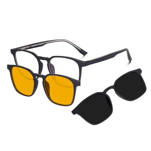 Image of 3in1 Clip on Magnetic Attachment Glasses For Men Women | Zero Power Eyeglass Frame | Black HD Polarised Glasses | 100% UV Protection | Night Vision Glasses |
