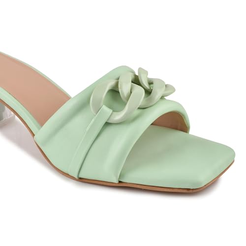 Image of Women's Slip On-On Heeled Sandals with Transparent Block Heels & Decorative Chain Strap Signora103| Fashionable Summer Slides Trendy Chain Strap Signora103