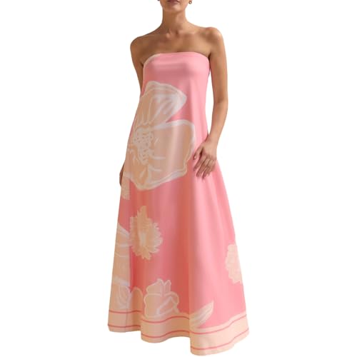 Image of Zwirelz Women Strapless Maxi Dress Boho Floral Print Flowy Long Tube Dress Off Shoulder Loose Beach Sundress