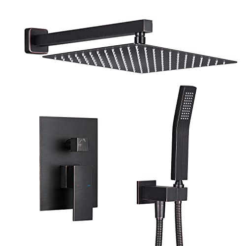 Image of Rain Shower System 12 Inches Shower Combo Set Oil Rubbed Bronze Wall Mount Faucet Bathroom Faucets with Rainfall Shower Head and Hand Shower