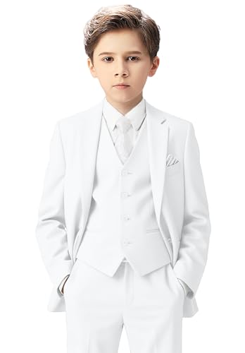 Boys Formal Suit Kids Slim Fit Tuxedo Suit White Communion Set Dress Clothes Ring Bearer Outfit Size 8