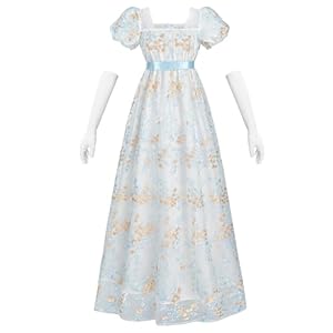Fiamll Damen Regency Kostüm Empire Taille Teeparty Kleid Viktorianisches Kleid Stickerei Ballkleid mit Handschuhen Blau S
