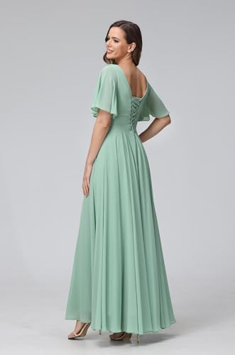 Women's Flutter Sleeves Bridesmaid Dress with Slit Chiffon Formal Evening Gowns Hi0012