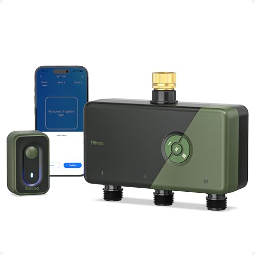 Diivoo Centralina Irrigazione WiFi 3 Zone con Entrata in Ottone, Timer Irrigazione WiFi 3 Uscite Compatibile con Alexa/Google Assistant, 18 Piani d'Irrigazione, Ritardo Pioggia per Giardino e Prato