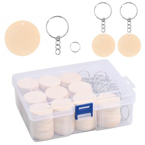 100個 天然木スライス 木製キーチェーンセット ドリル加工済み木製キーチェーン 空白の未仕上げディスク キーリング付き 紐 ラウンド木製キータグ クラフト DIY 装飾用木製キーチェーン 直径3.5 cm 丸形 DIY手作り 装飾用木材チップ 多機能 キーリング 装飾ペンダント 工芸品 キーホルダー付